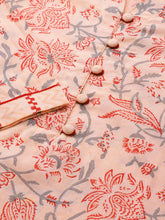 Women Cotton Orange Ethnic Motifs Printed Straight Kurta Trousers And Dupatta Set